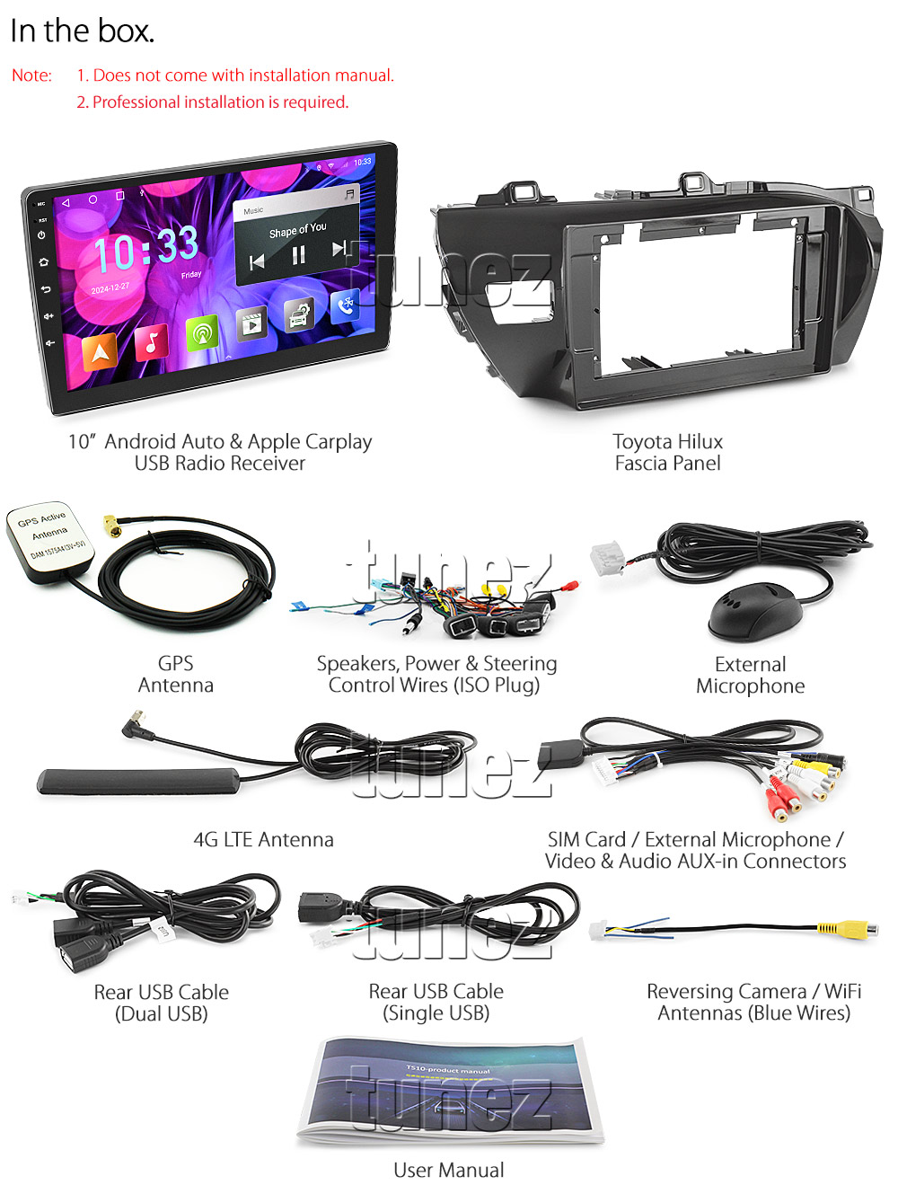SRRTH01AND GPS Aftermarket Toyota Hilux 2015 2016 2017 2018 2019 2020 2021 SR SR5 Workmate Rogue Rugged X chassis 8th generation gen GUN1 AN120 AN130 10-inch touchscreen Universal Double DIN Latest Australia UK European USA Apple CarPlay Android Auto 10 Car USB player radio stereo 4G LTE WiFi head unit details Aftermarket External and Internal Microphone Bluetooth Europe Sat Nav Navi Plug and Play ISO Plug Wiring Harness Matching Fascia Kit Facia Free Reversing Camera Album Art ID3 Tag RMVB MP3 MP4 AVI MKV Full High Definition FHD 1080p DAB+ Digital Radio DAB + Connects2 CTSIZ001.2