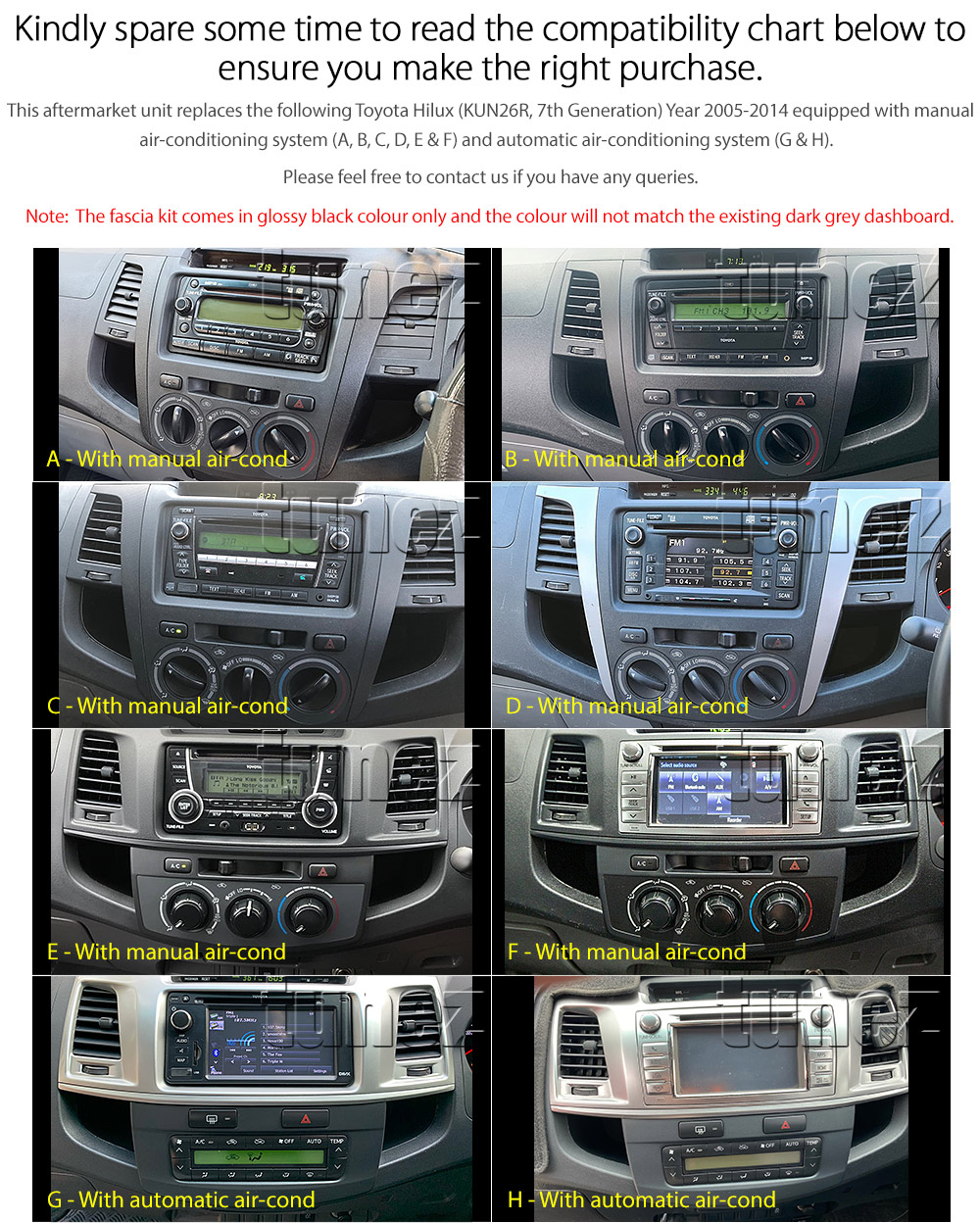 SRRTH03AND GPS Aftermarket Toyota Hilux KUN AN10 AN20 AN30 KUN26 KUN16 7th Gen Generation Year 2005 2006 2007 2008 2009 2010 2011 2012 2013 2014 SR SR5 Workmate Invincible Icon Active chassis capacitive 9 inch 9' touch screen Universal Double DIN Latest Australia UK European Apple CarPlay Android Auto 10 Car USB player radio stereo 4G LTE WiFi head unit details Aftermarket External and Internal Microphone Bluetooth Europe Sat Nav Navi Plug and Play ISO Plug Wiring Harness Matching Fascia Kit Facia Free Reversing Camera Album Art ID3 Tag RMVB MP3 MP4 AVI MKV Full High Definition FHD 1080p DAB+ Digital Radio DAB + Connects2 CTSTY008.2 CTSTY00C CTSTY00CAMP CTSTY013.2