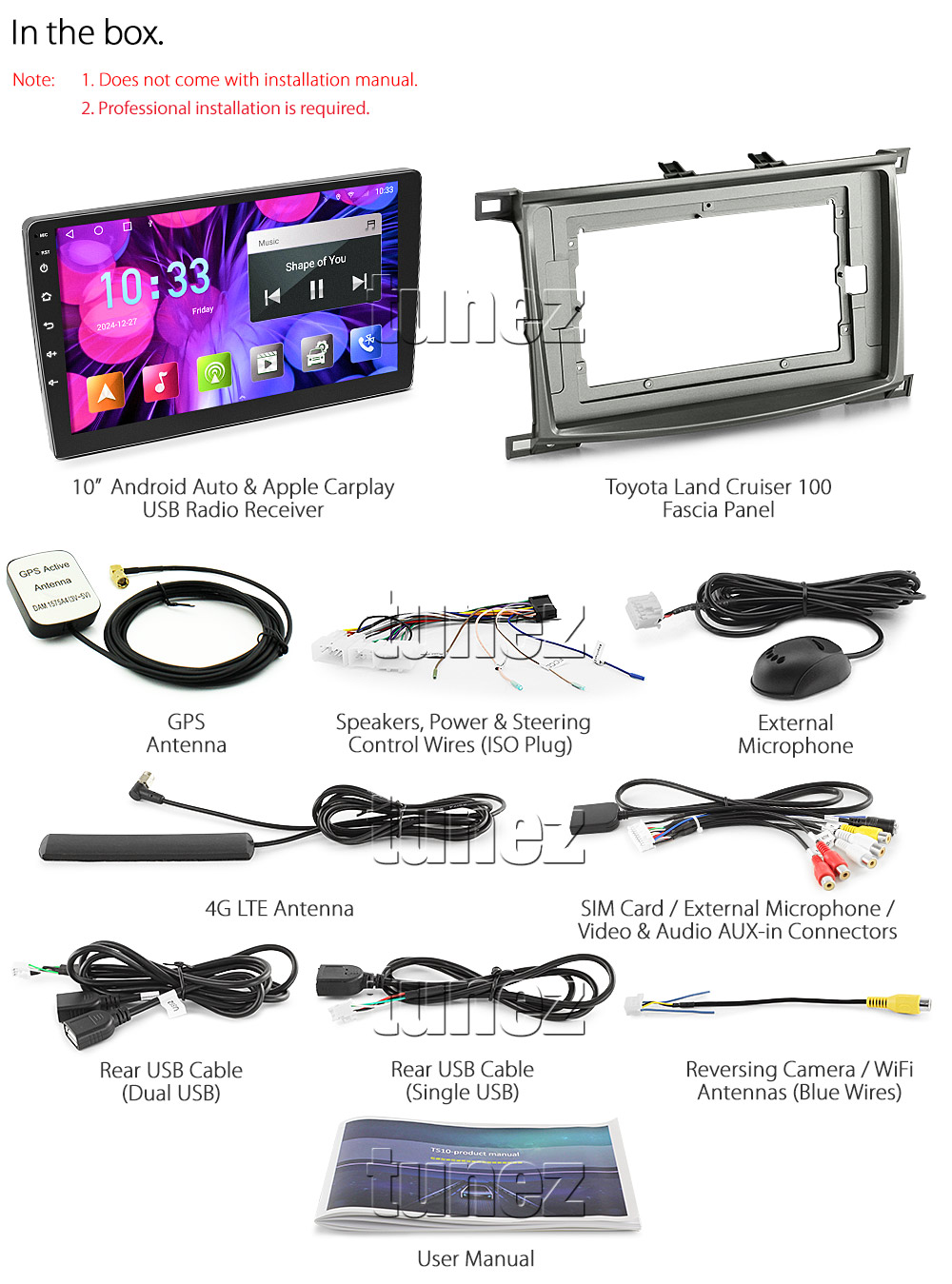 SRRTLC07AND GPS Aftermarket Toyota Land Cruiser Landcruiser 100 Series J100 Post-facelift Facelift Year 2003 2004 2005 2006 2007 Extra Large 10-inch 10 touchscreen Navigation Universal Double DIN Latest Australia UK European Apple CarPlay Android Auto 10 Car USB player radio stereo 4G LTE WiFi head unit details Aftermarket External and Internal Microphone Bluetooth Europe Sat Nav Navi Plug and Play ISO Plug Wiring Harness Matching Fascia Kit Facia Free Reversing Camera Album Art ID3 Tag RMVB MP3 MP4 AVI MKV Full High Definition FHD 1080p DAB+ Digital Radio DAB + Connects2 CTSTY008.2 CTSTY00C CTSTY00CAMP CTSTY013.2